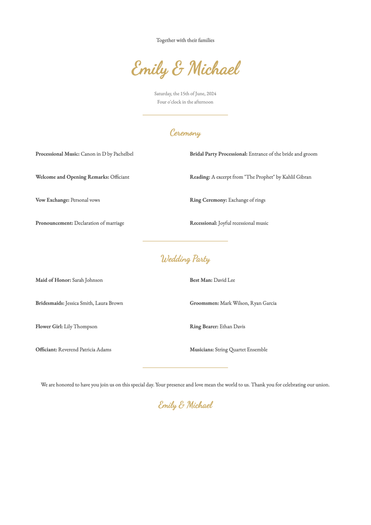 Elegant gold leaf wedding program with ceremony order and wedding party details_variant_1